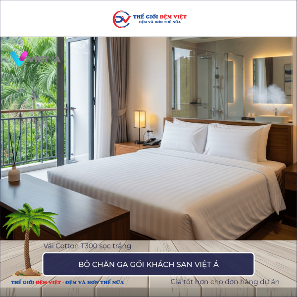 Bộ chăn ga gối khách sạn Việt Á Cotton T300 sọc trắng 5